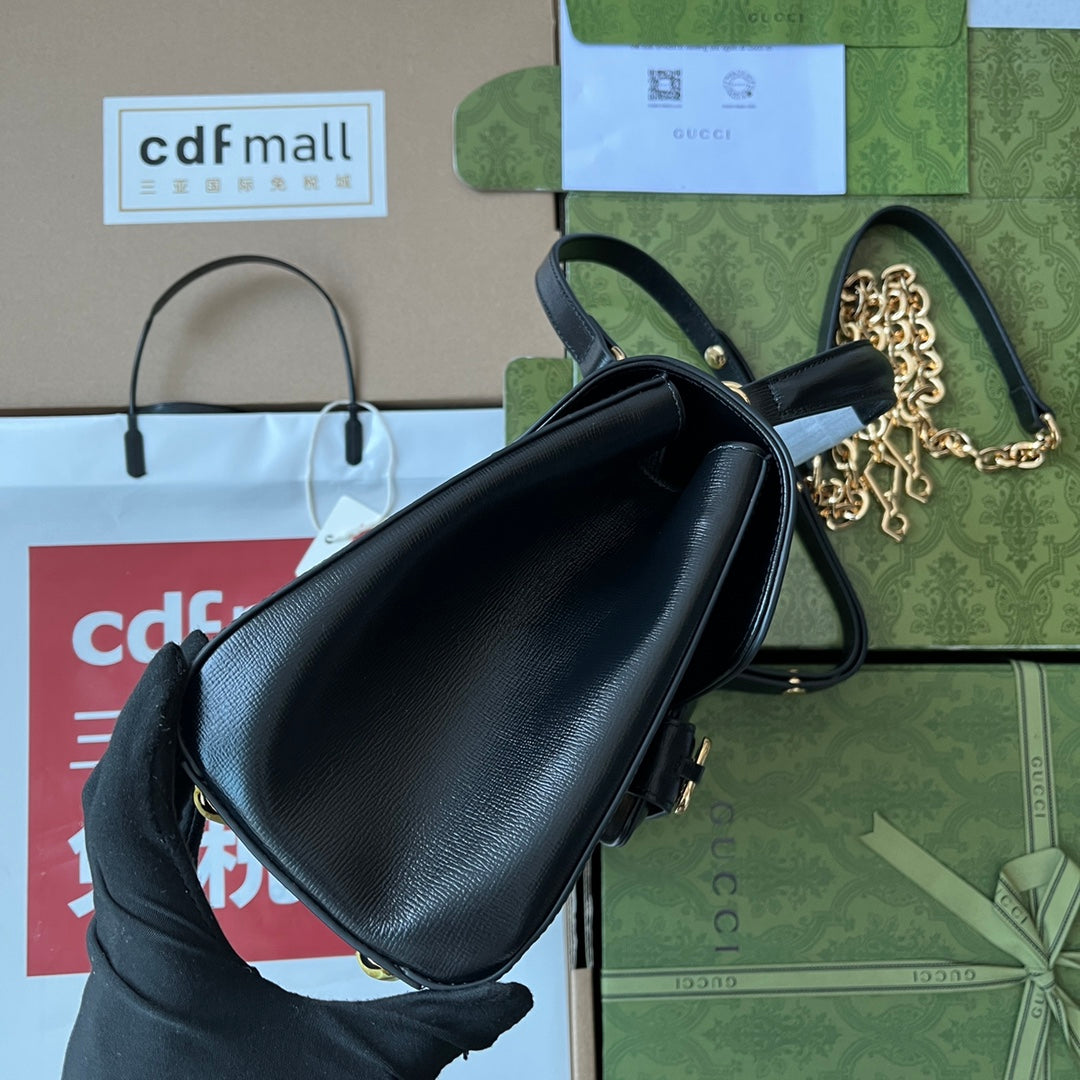Luxury Gucci HORSEBIT 1955 MEDIUM TOP HANDLE BAG 29 IN BLACK CALFSKIN GOLD HARDWARE