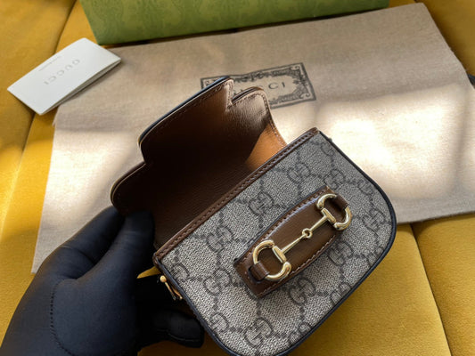 Luxury Gucci GG 12 HORSEBIT 1955 SUPER MINI BAG BEIGE CANVAS AND EBONY CALFSKIN