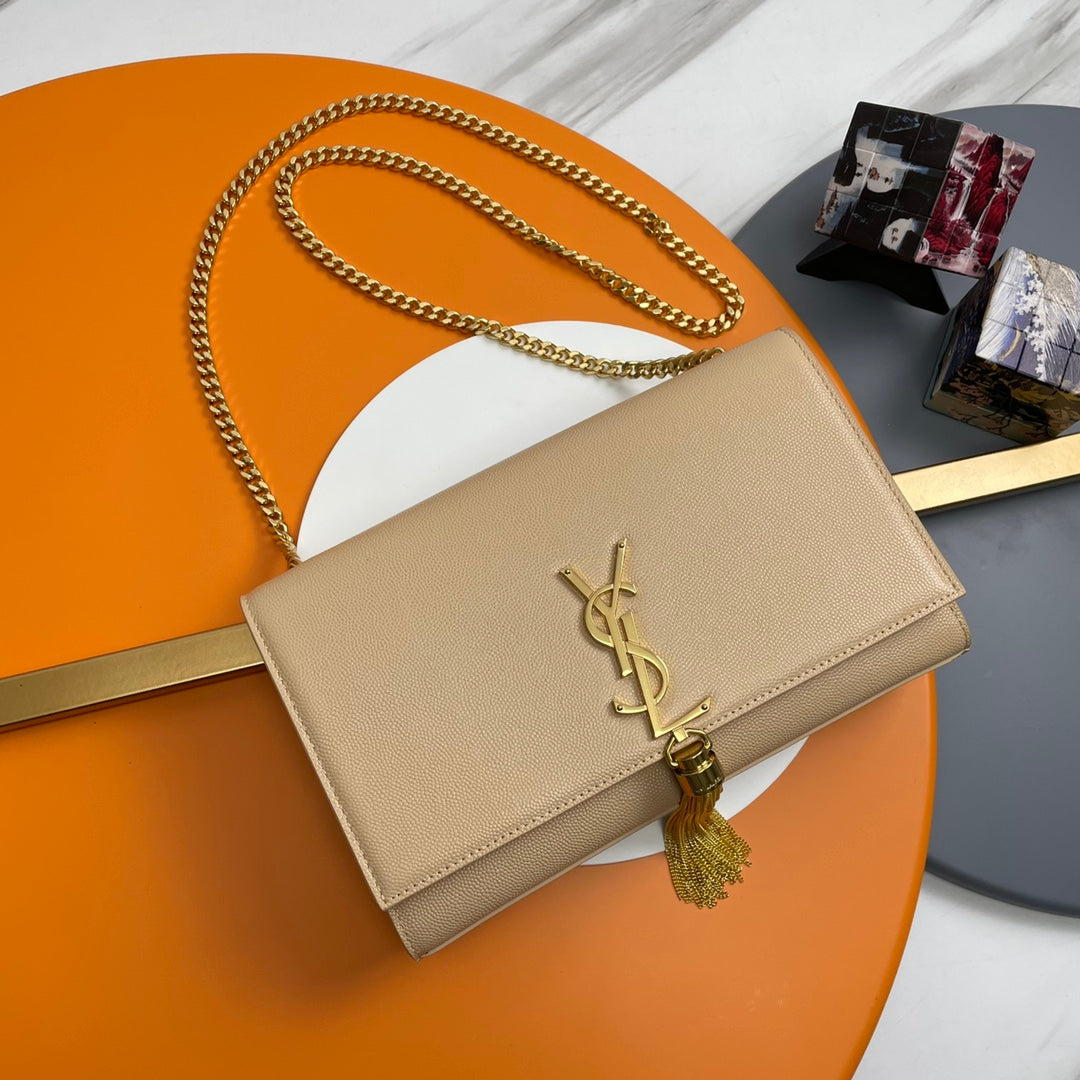 Luxury Saint Laurent kate medium 24cm beige grained calfskin gold hardware