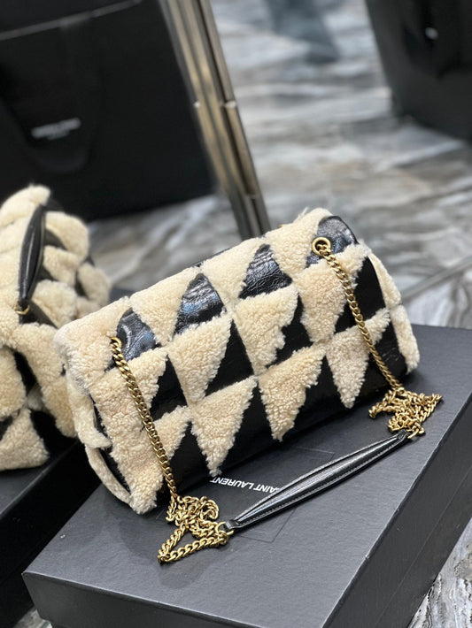 Luxury Saint Laurent JAMIE BAG 25 IN BLACK CALFSKIN MIX BEIGE SHEARLING GOLD HARDWARE