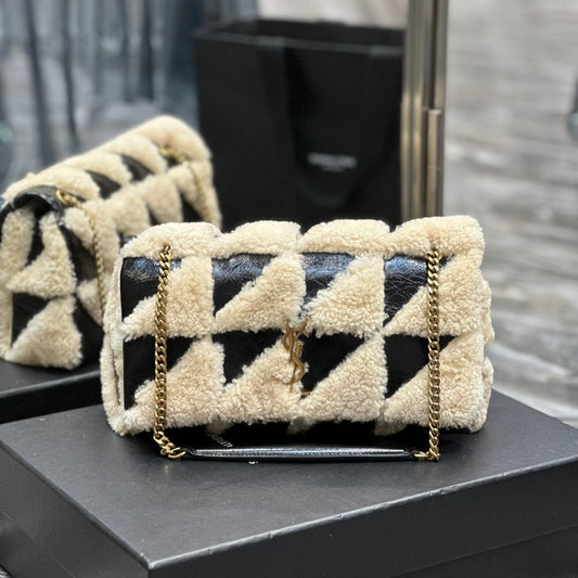 Luxury Saint Laurent JAMIE BAG 25 IN BLACK CALFSKIN MIX BEIGE SHEARLING GOLD HARDWARE