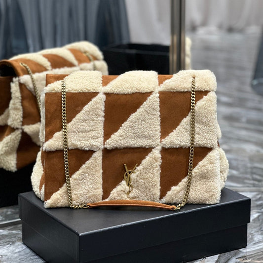 Luxury Saint Laurent JAMIE 4.3 LARGE BAG 38 IN BROWN SUEDE MIX BEIGE SHEARLING GOLD HARDWARE