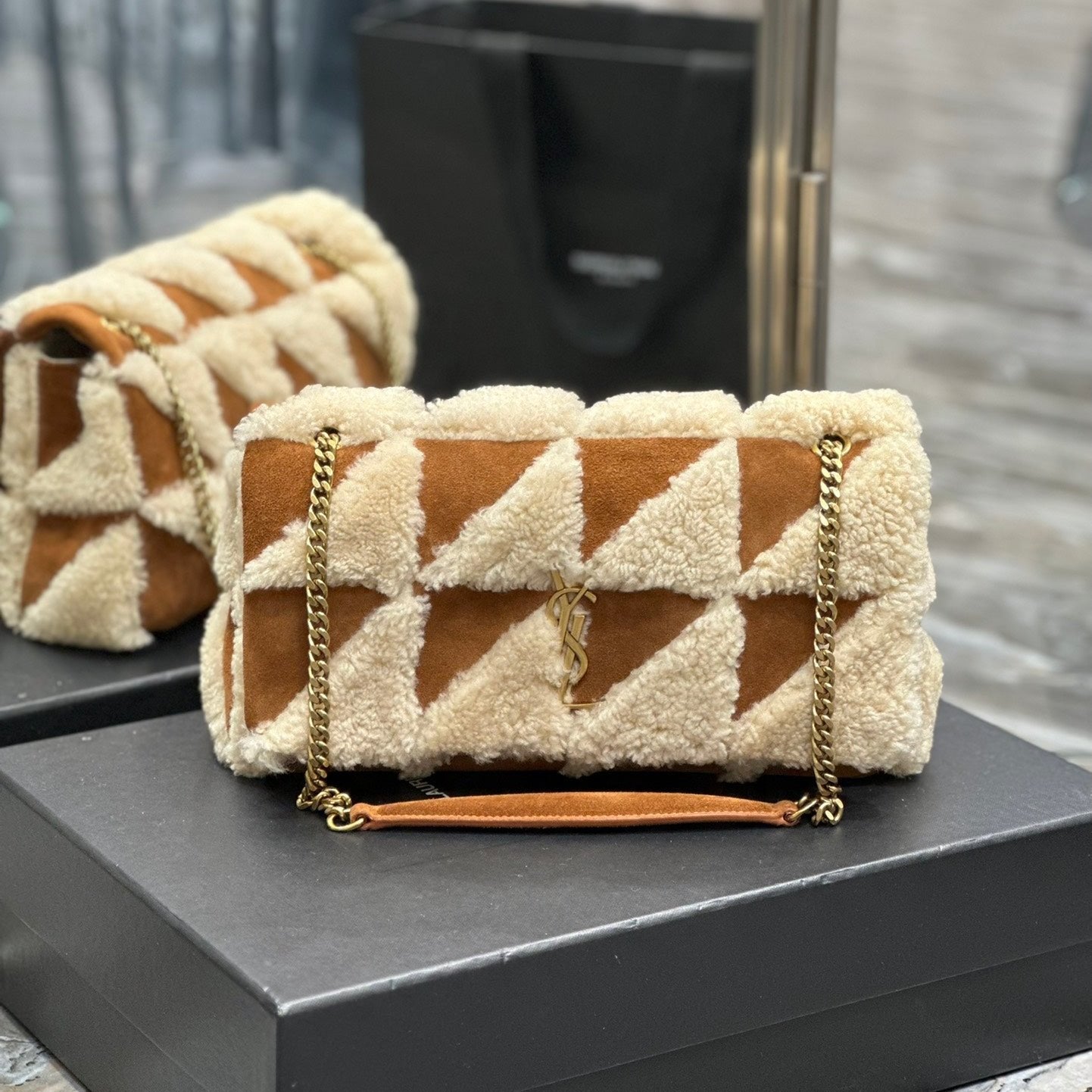Luxury Saint Laurent JAMIE BAG 25 IN BROWN SUEDE MIX BEIGE SHEARLING GOLD HARDWARE