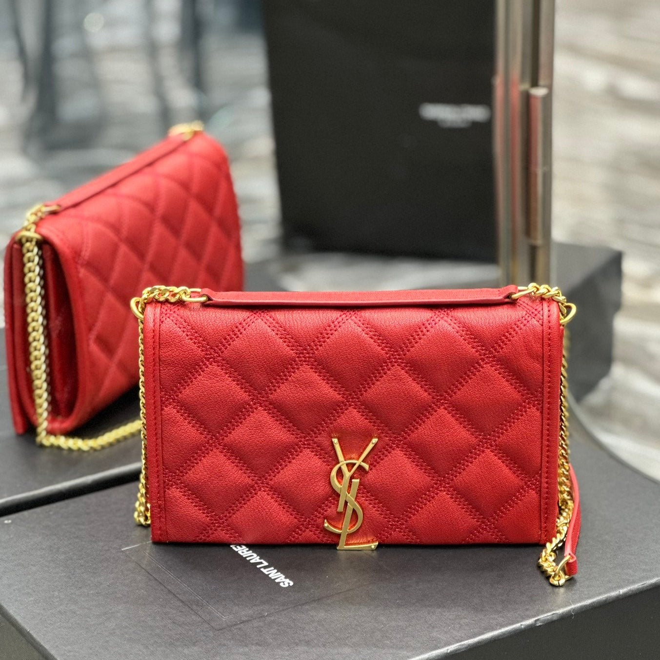 Luxury Saint Laurent BECKY 22.5 QUILTED RED LAMBSKIN GOLD HARDWARE