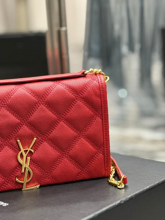 Luxury Saint Laurent BECKY 22.5 QUILTED RED LAMBSKIN GOLD HARDWARE