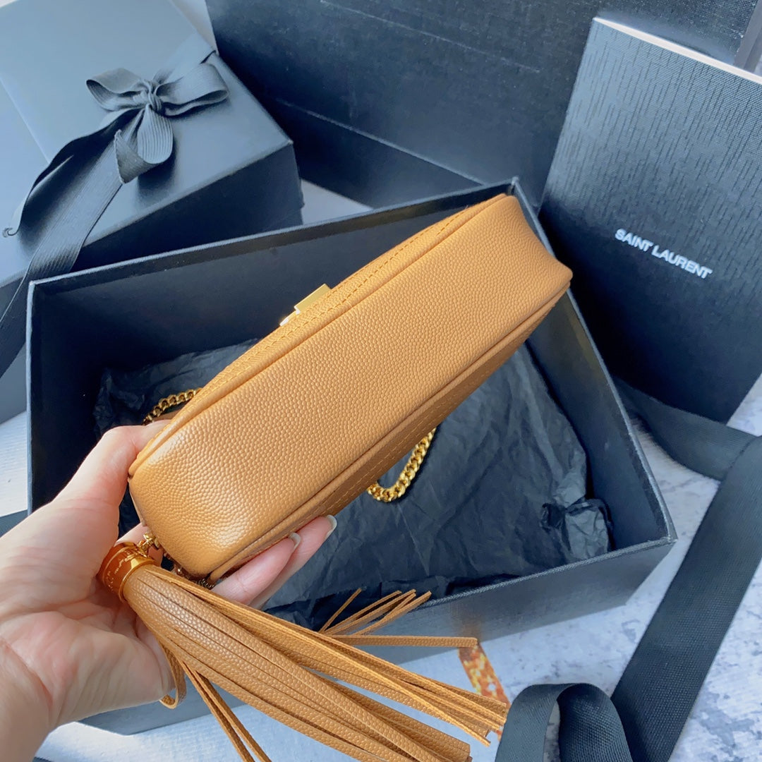 Luxury Saint Laurent LOU MINI CAMERA BAG 19 IN MANGO ORANGE CAVIAR PATTERN CALFSKIN GOLD HARDWARE