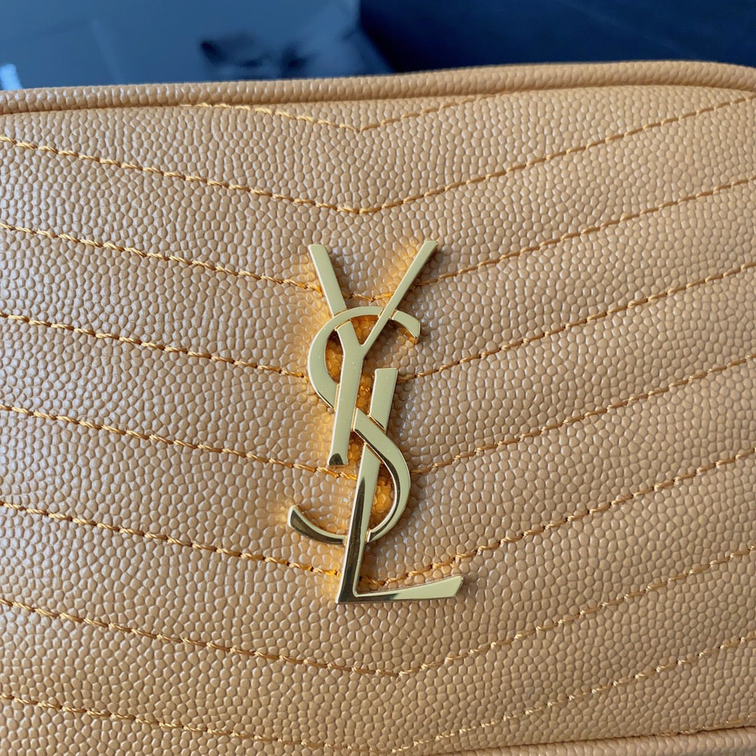Luxury Saint Laurent LOU MINI CAMERA BAG 19 IN MANGO ORANGE CAVIAR PATTERN CALFSKIN GOLD HARDWARE