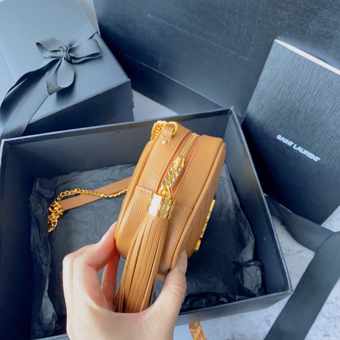 Luxury Saint Laurent LOU MINI CAMERA BAG 19 IN MANGO ORANGE CAVIAR PATTERN CALFSKIN GOLD HARDWARE