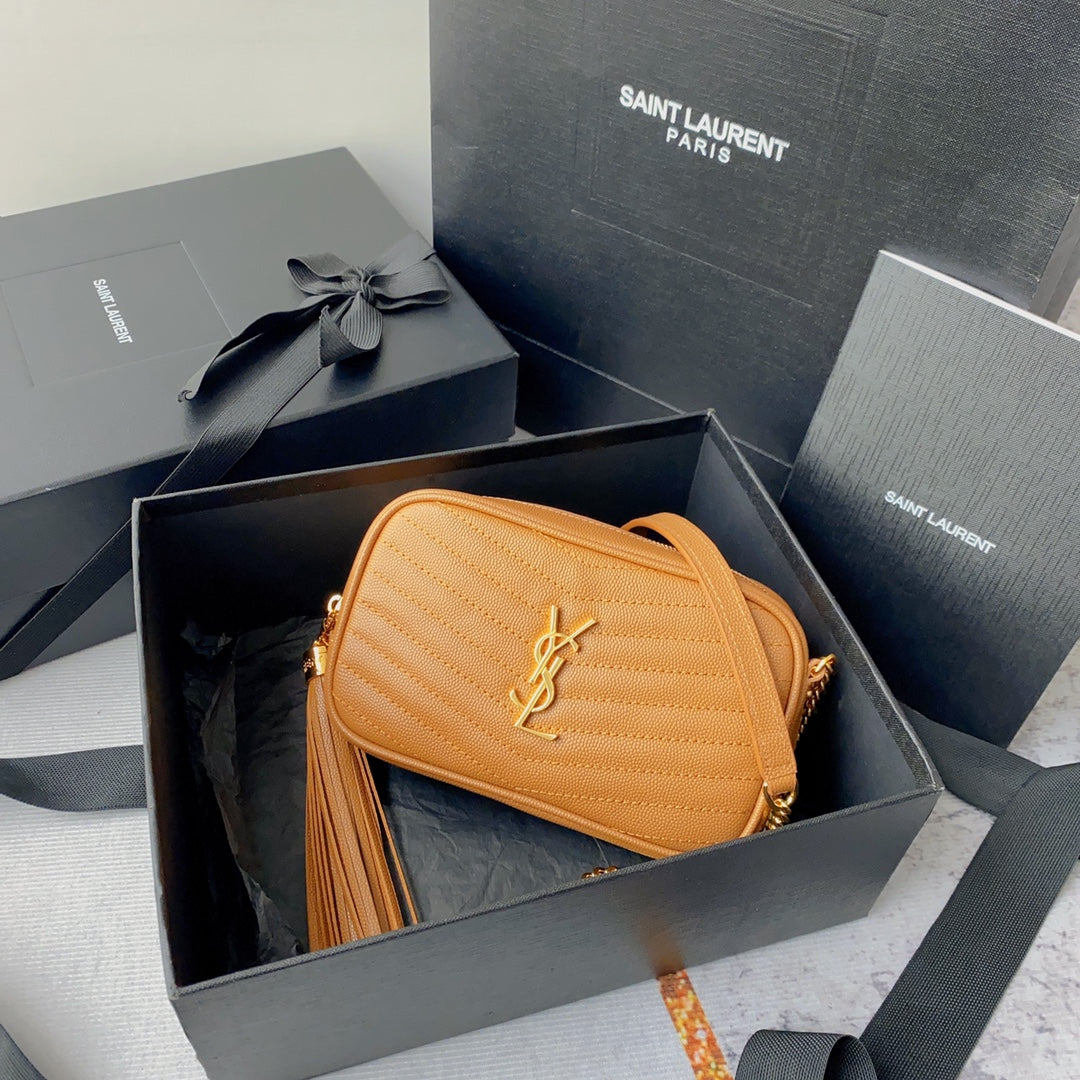 Luxury Saint Laurent LOU MINI CAMERA BAG 19 IN MANGO ORANGE CAVIAR PATTERN CALFSKIN GOLD HARDWARE