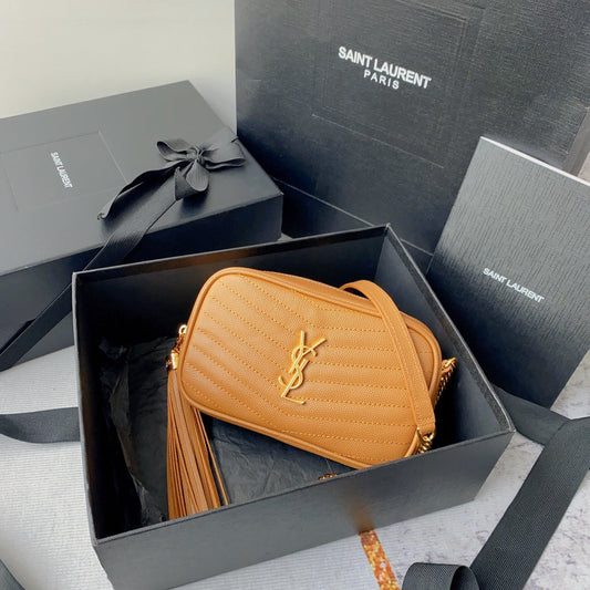 Luxury Saint Laurent LOU MINI CAMERA BAG 19 IN MANGO ORANGE CAVIAR PATTERN CALFSKIN GOLD HARDWARE