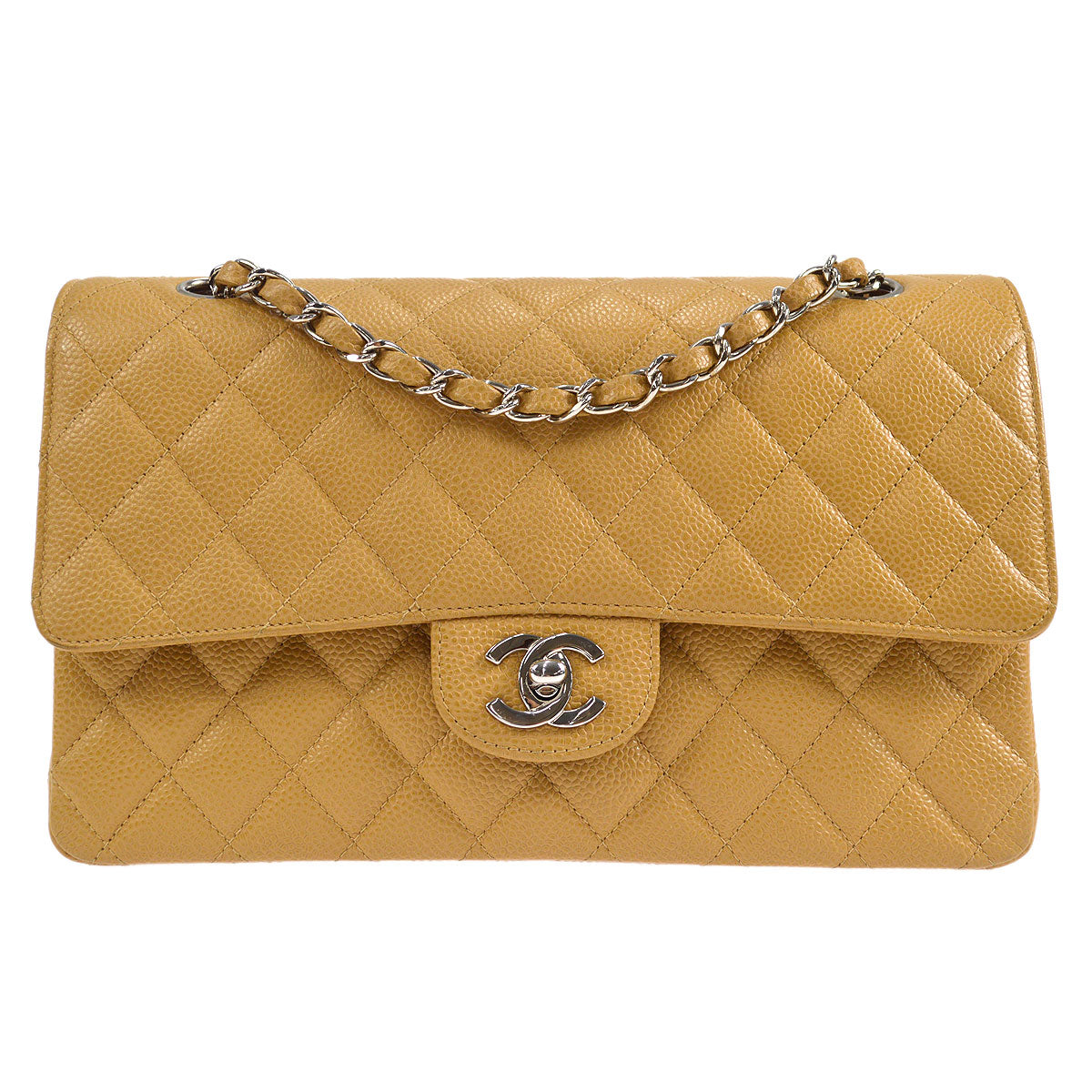 CHANEL 2000-2001 Classic Double Flap Medium SHW Beige Caviar 46370