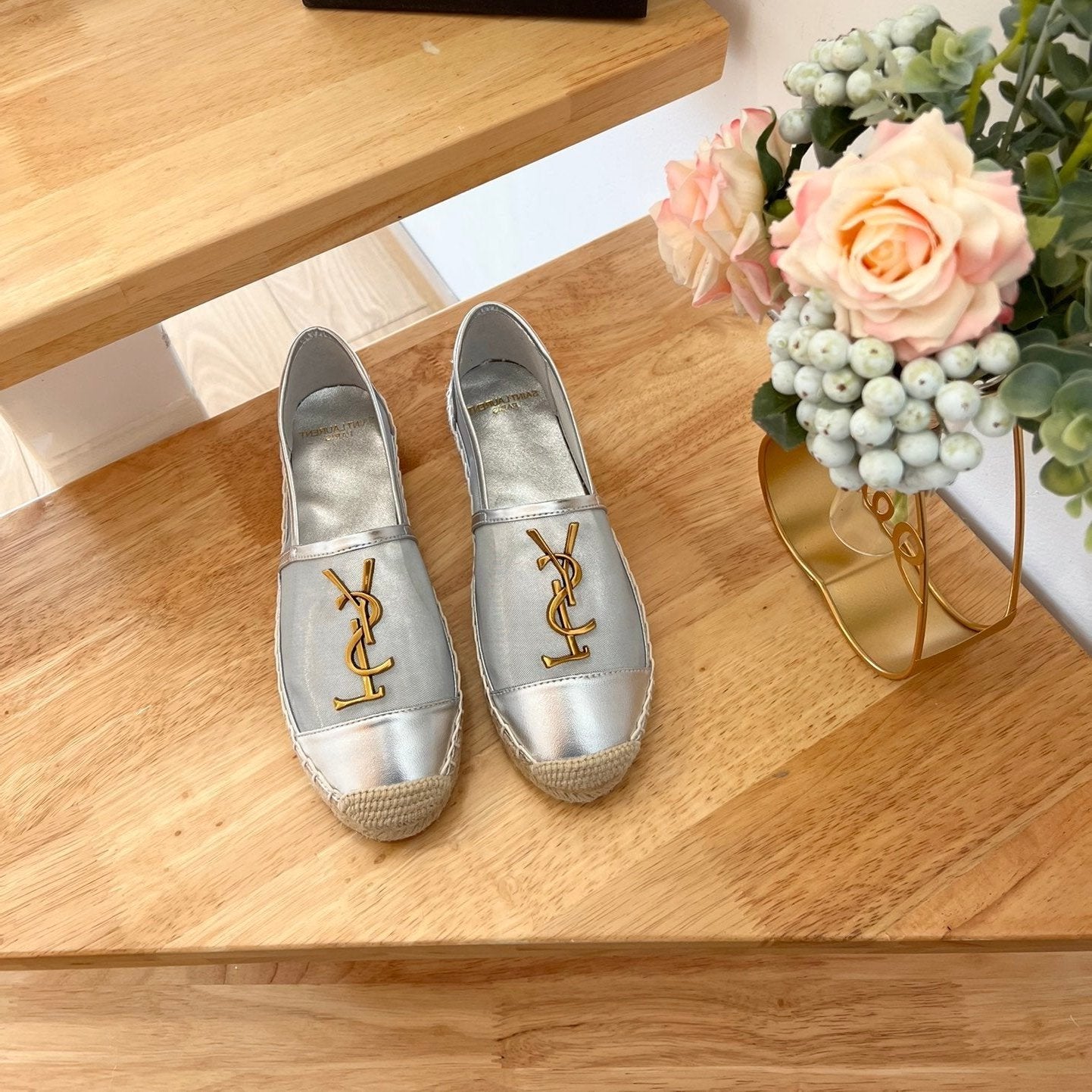 Luxury Saint Laurent SL YVES LOGO SLIP ON SILVER CALFSKIN AND MESH