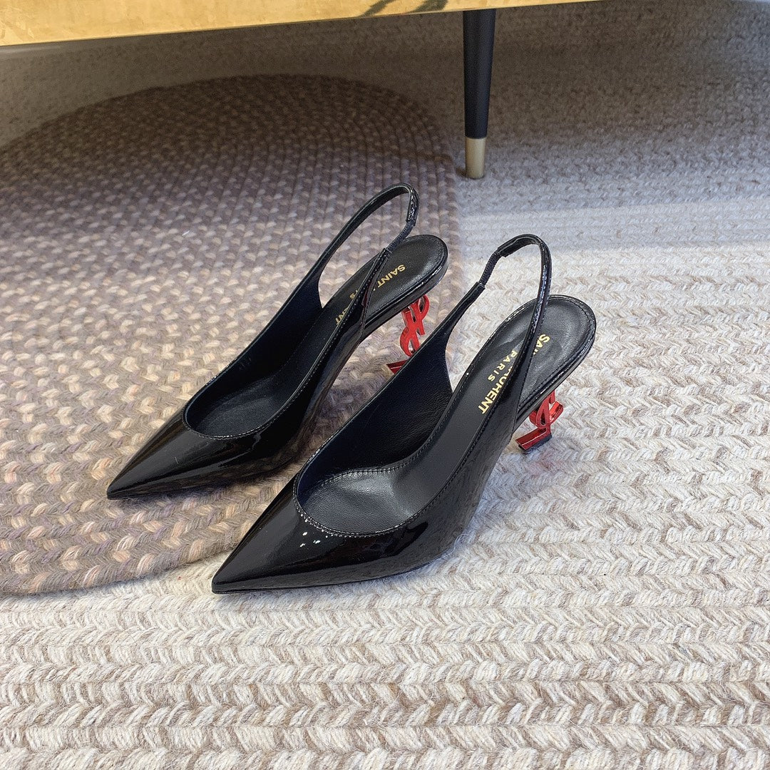 Luxury Saint Laurent OPYUM RED HEEL SLINGBACK PUMPS IN BLACK GLOSSY CALFSKIN