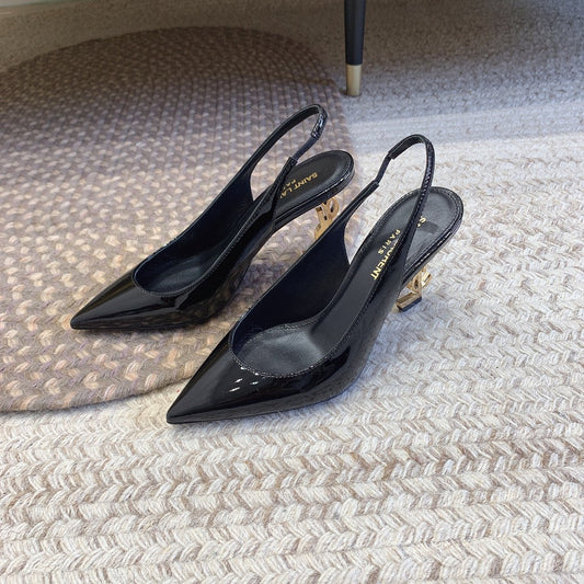 Luxury Saint Laurent OPYUM GOLD HEEL SLINGBACK PUMPS IN BLACK GLOSSY CALFSKIN