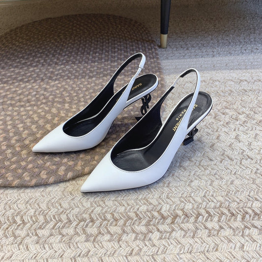 Luxury Saint Laurent OPYUM BLACK HEEL SLINGBACK PUMPS IN WHITE SMOOTH LAMBSKIN