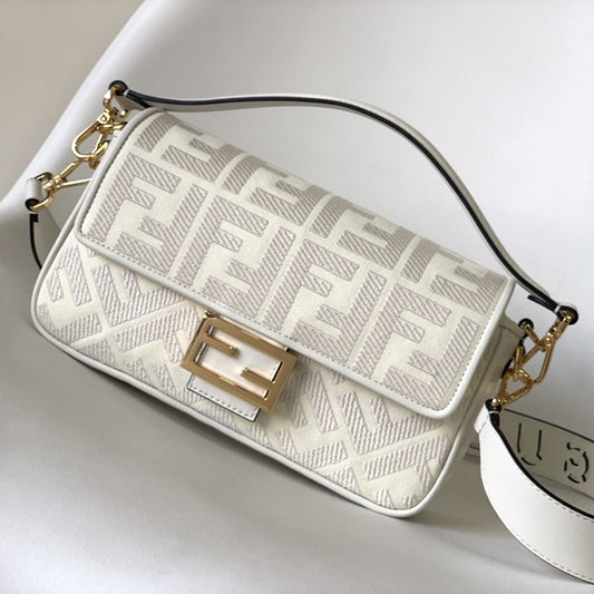 Luxury FendiFend Baguette White Canvas Bag 27 with FF Embroidery Ghw
