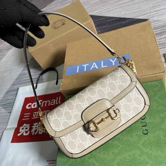 Luxury Gucci GG HORSEBIT 1955 BAG 24 IN WHITE CANVAS AND BEIGE CALFSKIN