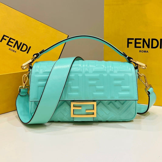 Luxury FendiBAGUETTE WITH FF MOTIF 27 IN TURQUOISE SOFT LAMBSKIN GOLD HARDWARE
