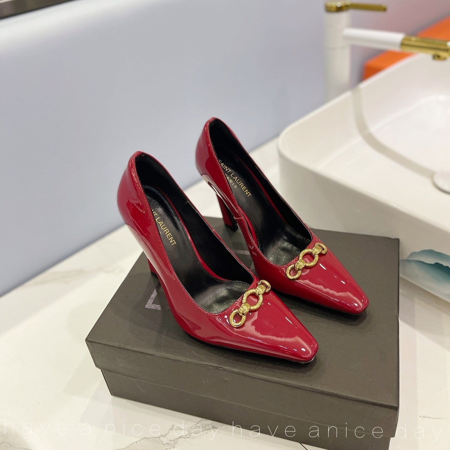 Luxury Saint Laurent SL SILVANA CHAIN PUMPS GLOSSY RED CALFSKIN
