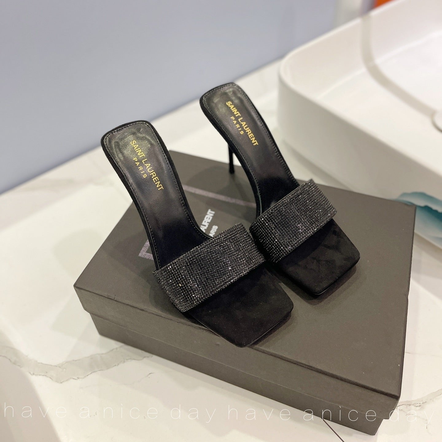 Luxury Saint Laurent SL LUCKY BLACK CRYSTAL HIGH HEELS BLACK CALFSKIN