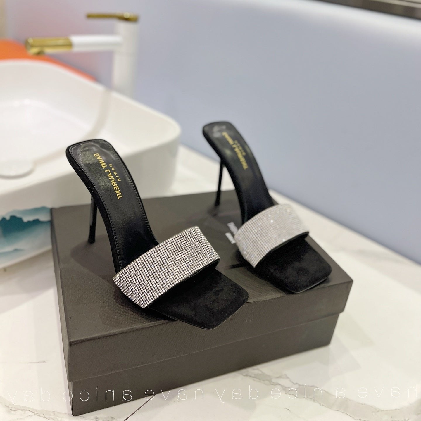Luxury Saint Laurent SL LUCKY WHITE CRYSTAL HIGH HEELS BLACK CALFSKIN