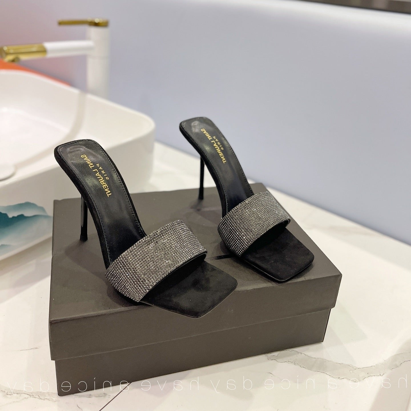 Luxury Saint Laurent SL LUCKY CRYSTAL HIGH HEELS BLACK CALFSKIN