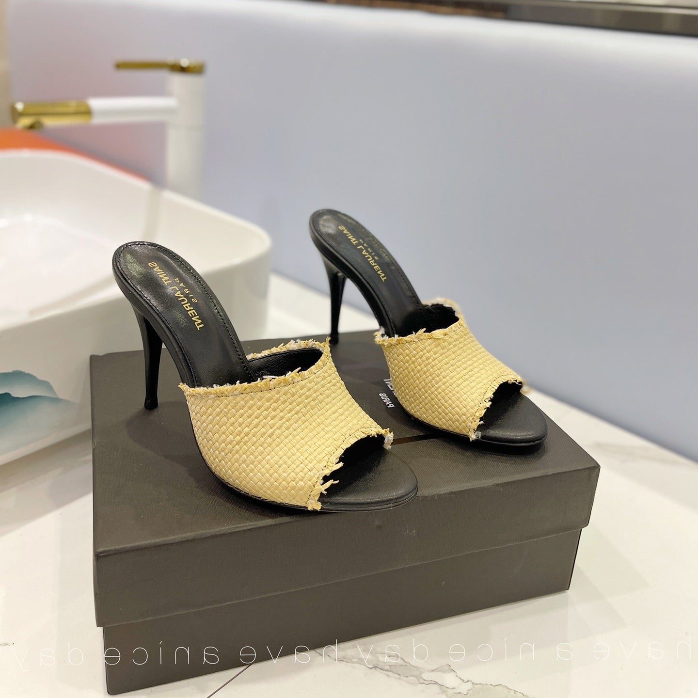 Luxury Saint Laurent SL GOLDIE MULES YELLOW BRAIDED ROPE