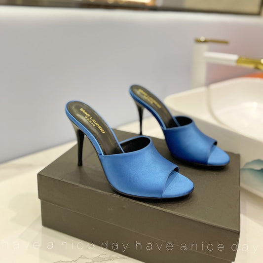 Luxury Saint Laurent SL GOLDIE MULES COBALT SATIN