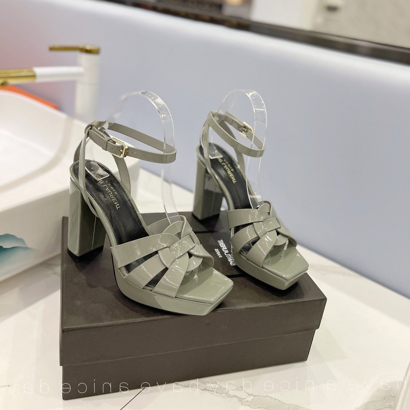 Luxury Saint Laurent SL TRIBUTE FLATFORM SANDALS GLOSSY SAGE CALFSKIN