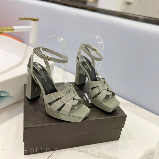 Luxury Saint Laurent SL TRIBUTE FLATFORM SANDALS GLOSSY SAGE CALFSKIN