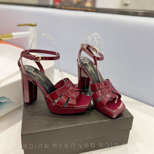 Luxury Saint Laurent SL TRIBUTE FLATFORM SANDALS GLOSSY BERRY CALFSKIN