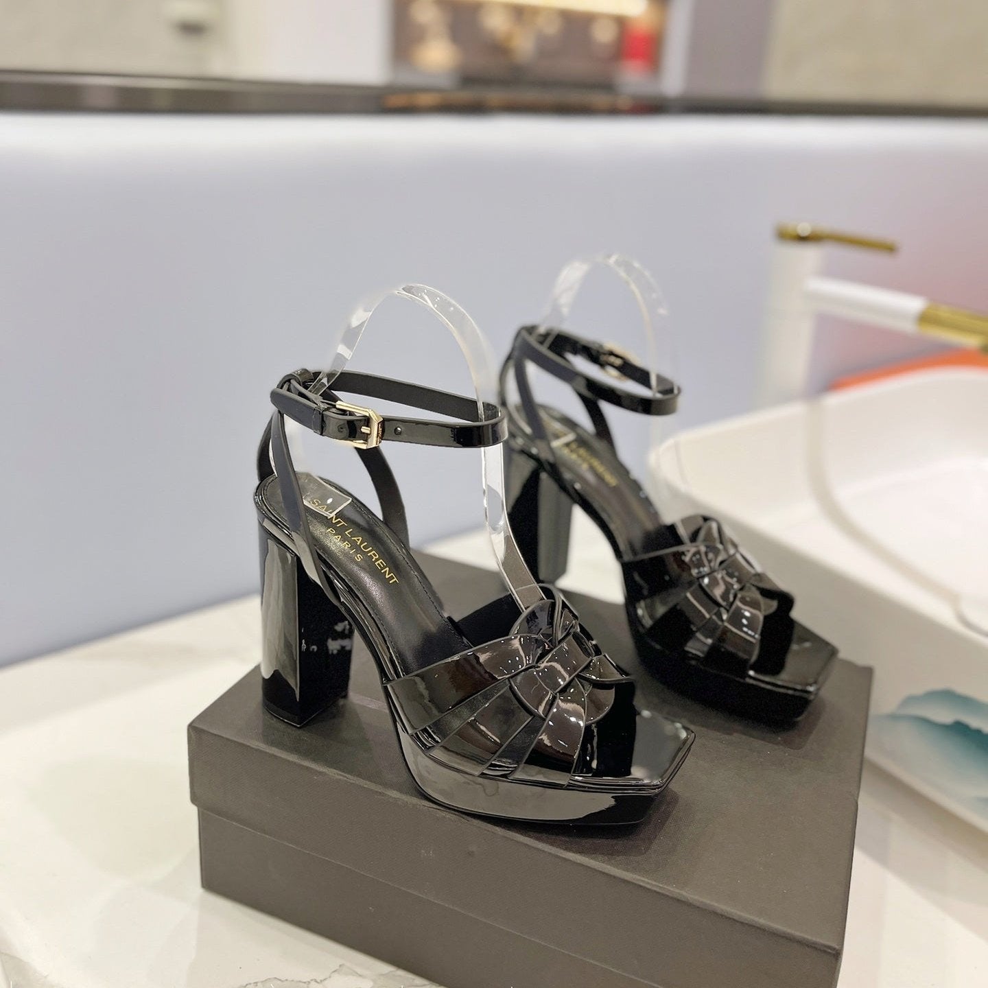 Luxury Saint Laurent SL TRIBUTE FLATFORM SANDALS GLOSSY BLACK CALFSKIN
