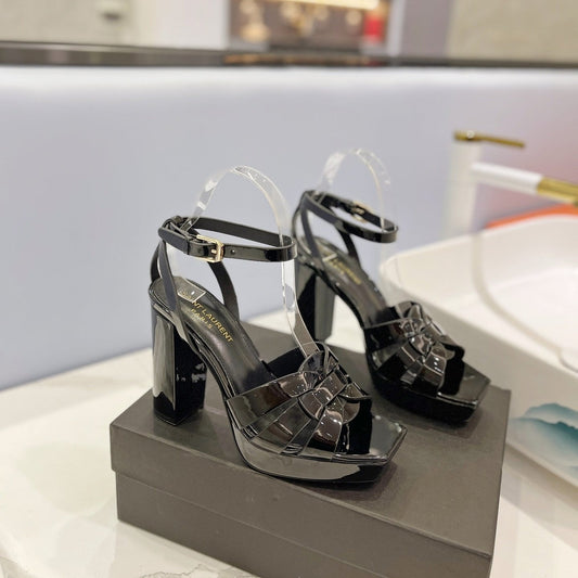 Luxury Saint Laurent SL TRIBUTE FLATFORM SANDALS GLOSSY BLACK CALFSKIN