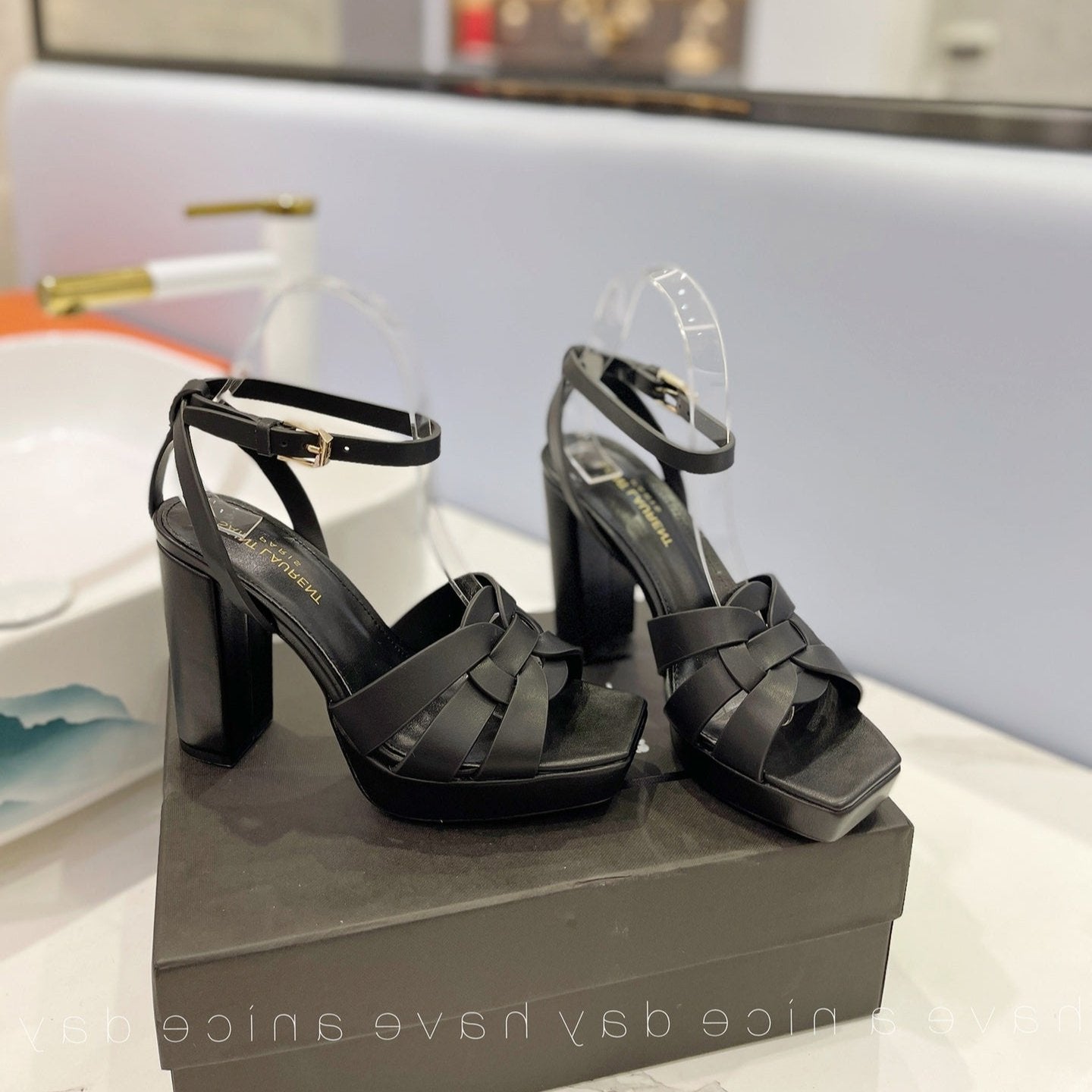 Luxury Saint Laurent SL TRIBUTE FLATFORM SANDALS BLACK CALFSKIN