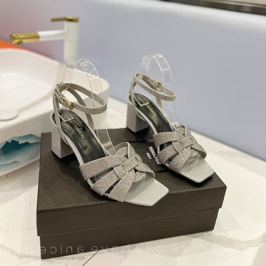 Luxury Saint Laurent SL TRIBUTE CRYSTAL SANDALS LIGHT GRAY CALFSKIN