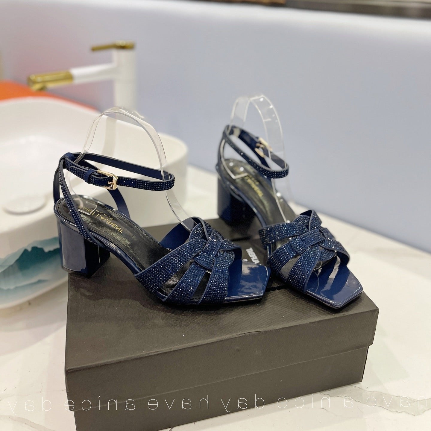 Luxury Saint Laurent SL TRIBUTE CRYSTAL SANDALS GLOSSY NAVY CALFSKIN