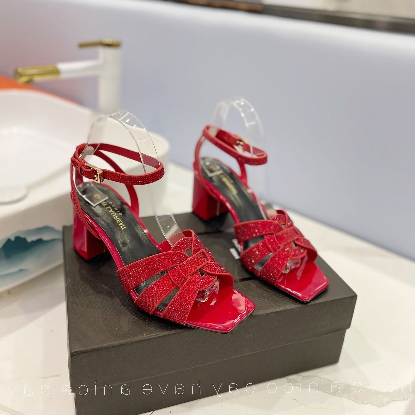 Luxury Saint Laurent SL TRIBUTE CRYSTAL SANDALS GLOSSY RED CALFSKIN
