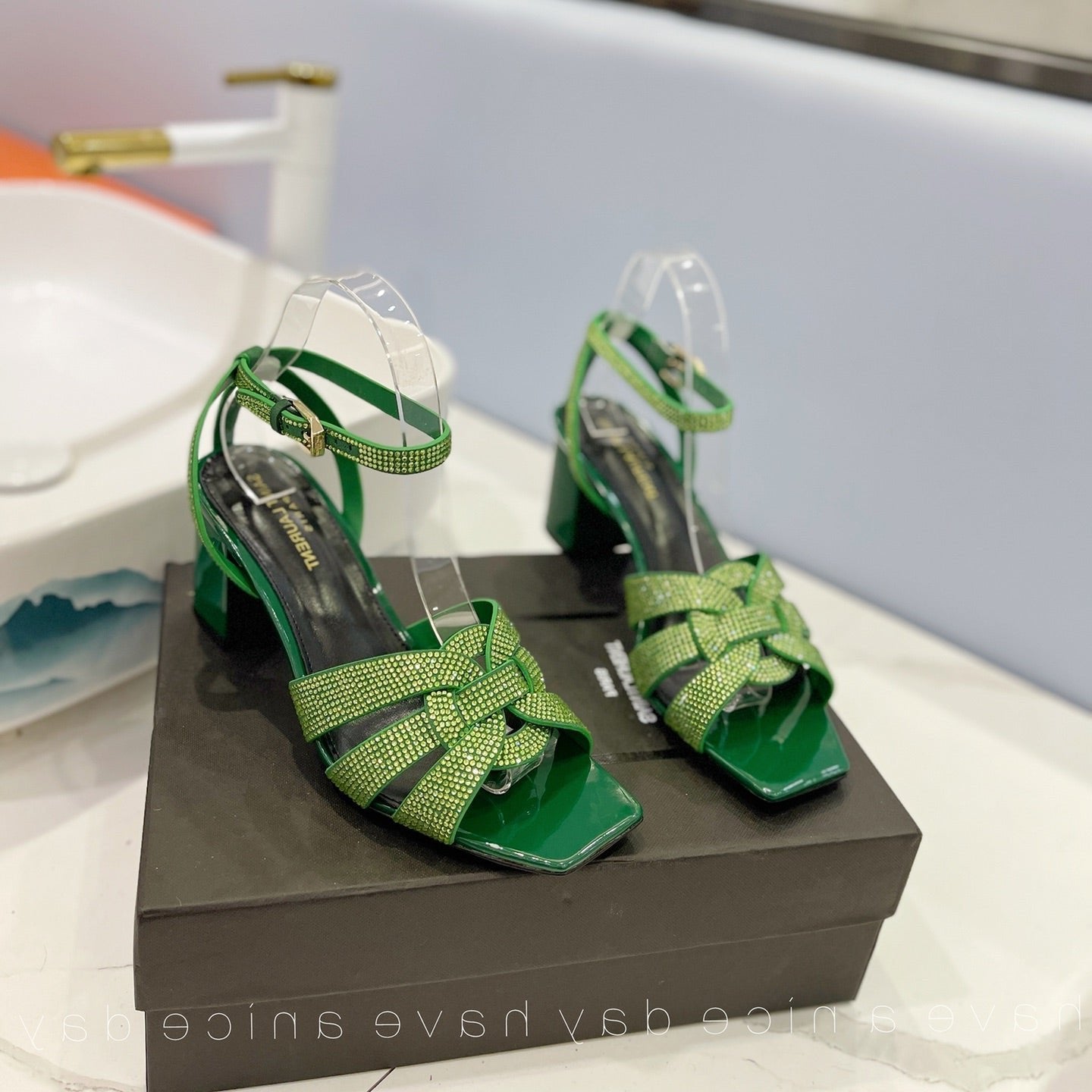 Luxury Saint Laurent SL TRIBUTE CRYSTAL SANDALS DARK GREEN CALFSKIN