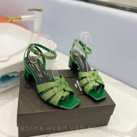 Luxury Saint Laurent SL TRIBUTE CRYSTAL SANDALS DARK GREEN CALFSKIN