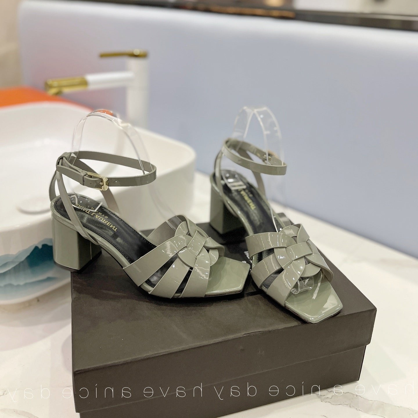 Luxury Saint Laurent SL TRIBUTE SANDAL GLOSSY SAGE CALFSKIN