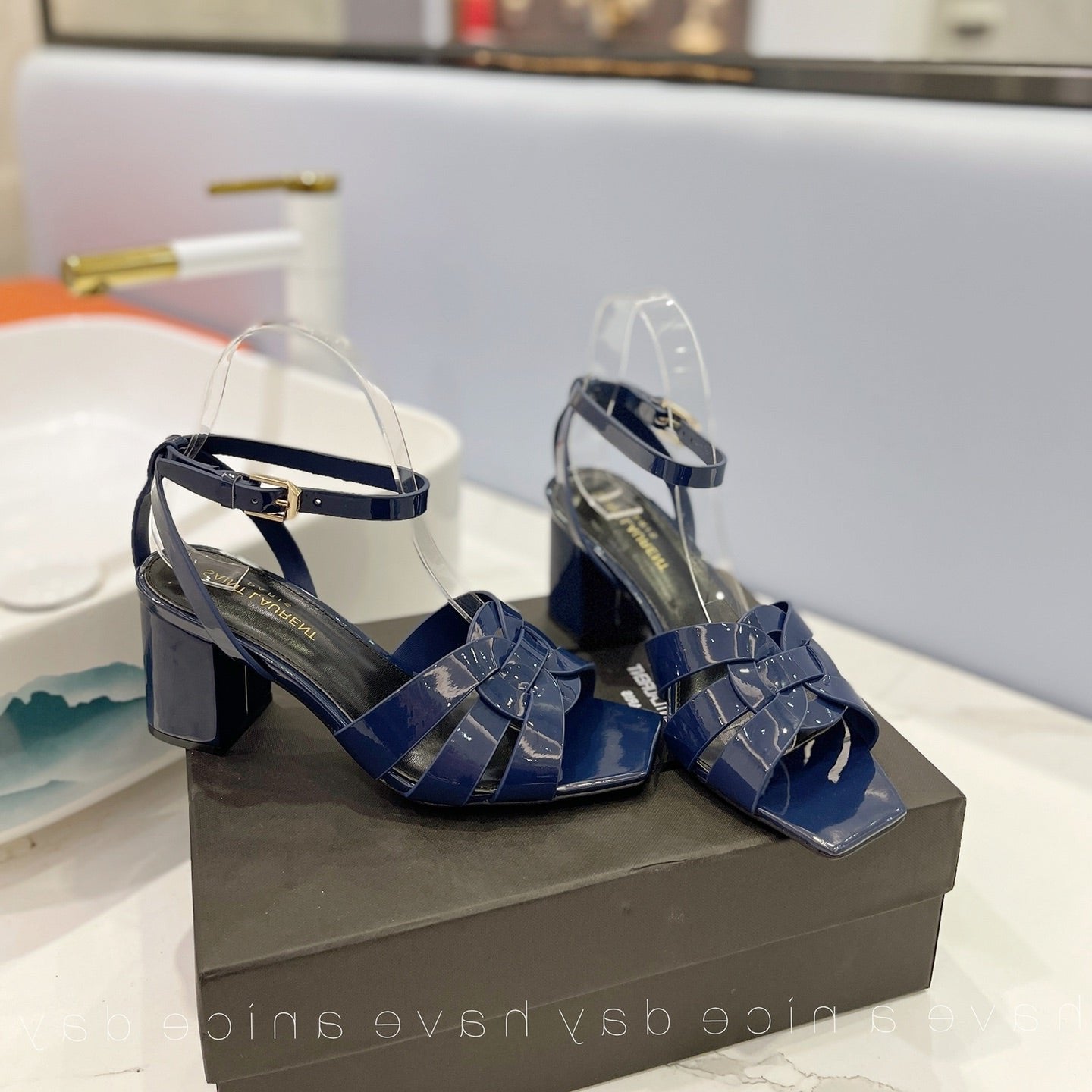 Luxury Saint Laurent SL TRIBUTE SANDAL GLOSSY NAVY CALFSKIN