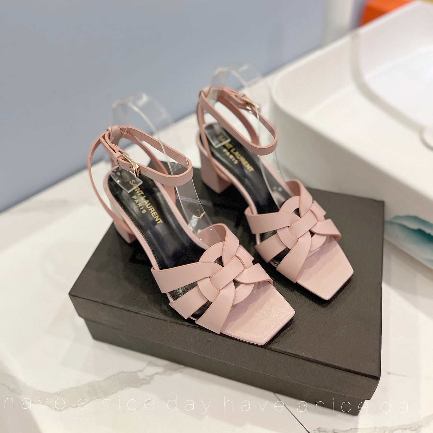 Luxury Saint Laurent SL TRIBUTE SANDAL PASTEL PINK CALFSKIN