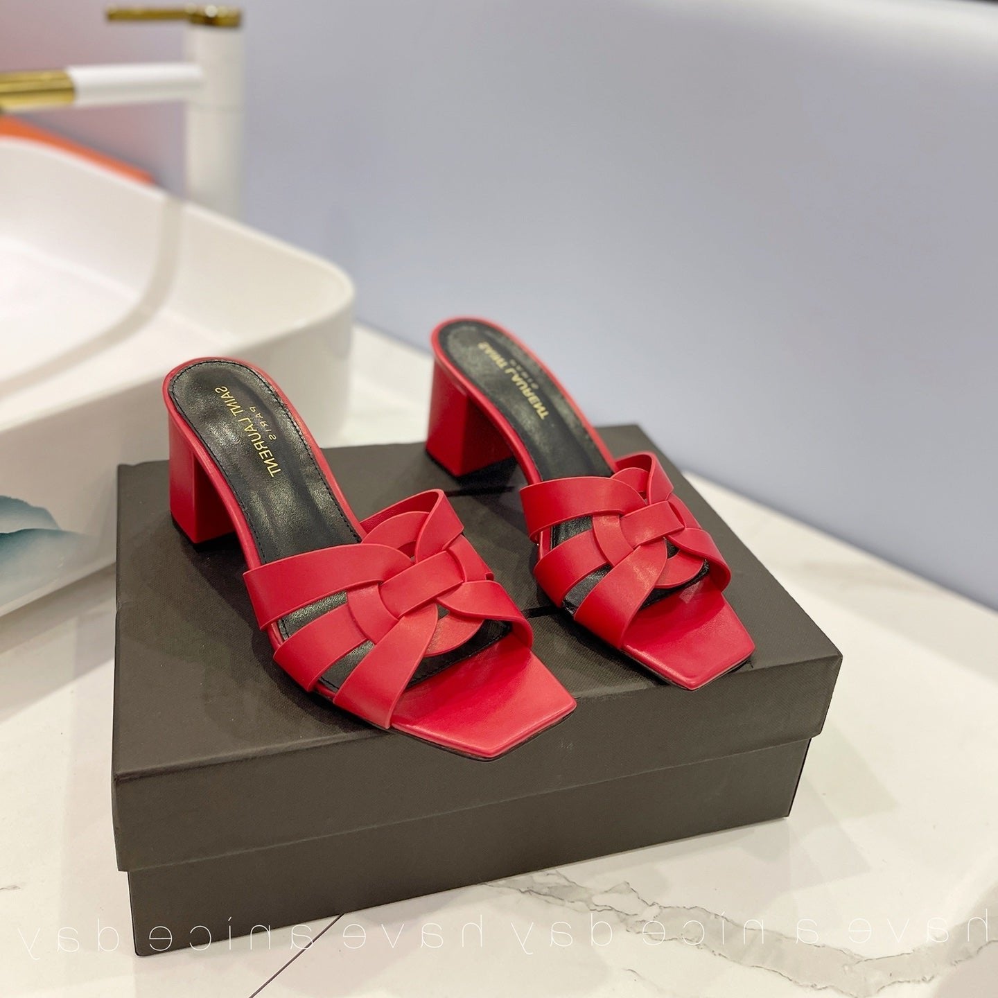 Luxury Saint Laurent SL TRIBUTE MULES RED CALFSKIN