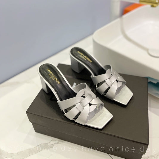 Luxury Saint Laurent SL TRIBUTE MULES SILVER CALFSKIN