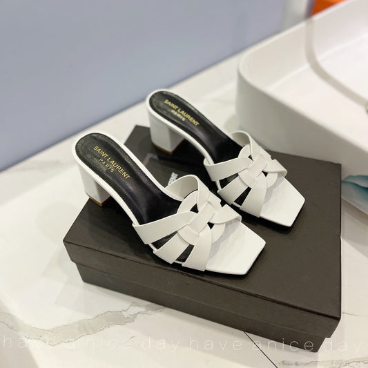 Luxury Saint Laurent SL TRIBUTE MULES WHITE CALFSKIN