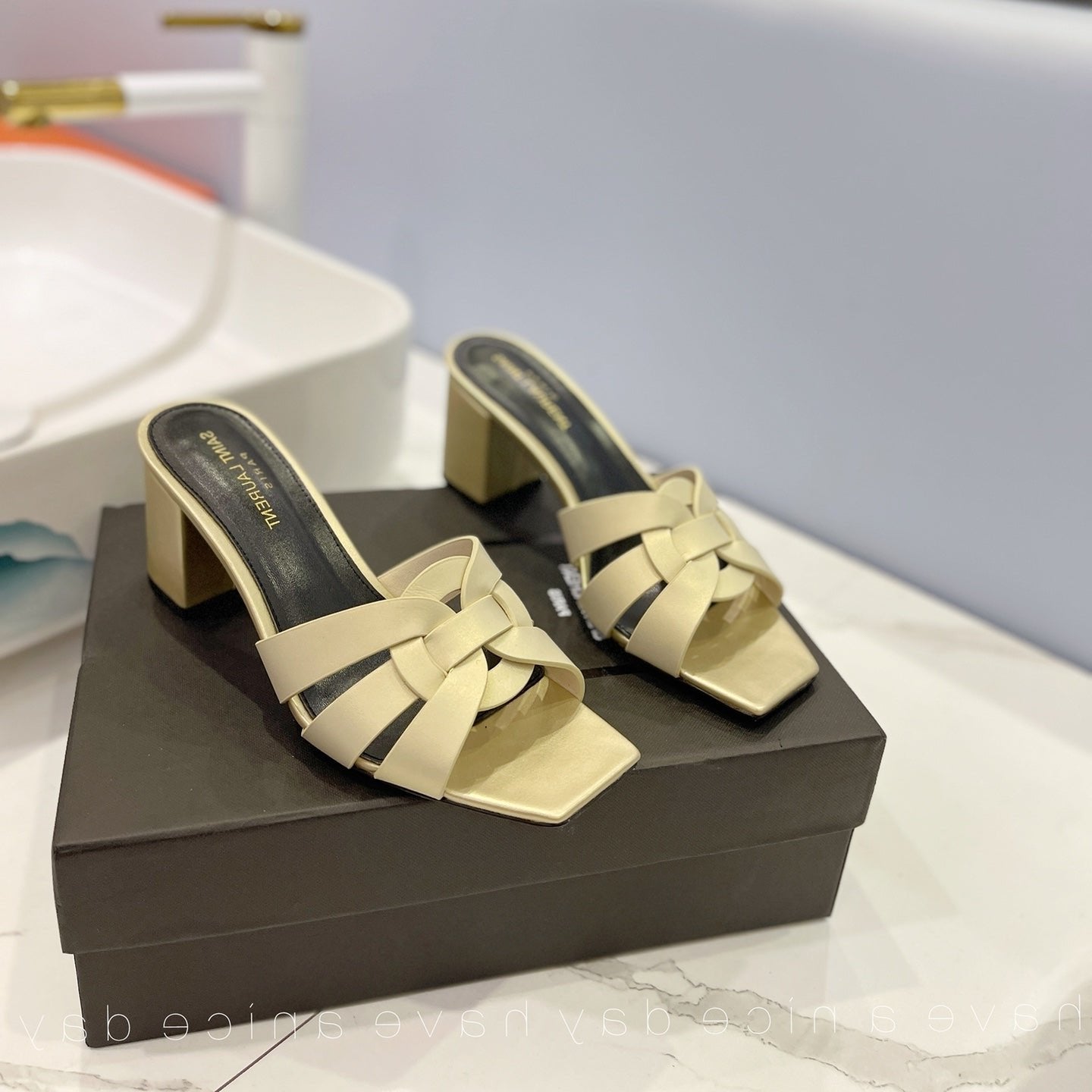 Luxury Saint Laurent SL TRIBUTE MULES FLAX CALFSKIN