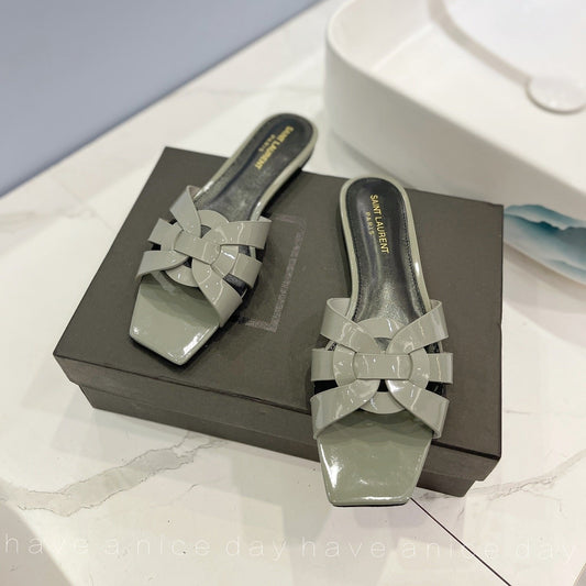 Luxury Saint Laurent SL TRIBUTE SLIPPERS GLOSSY SAGE CALFSKIN
