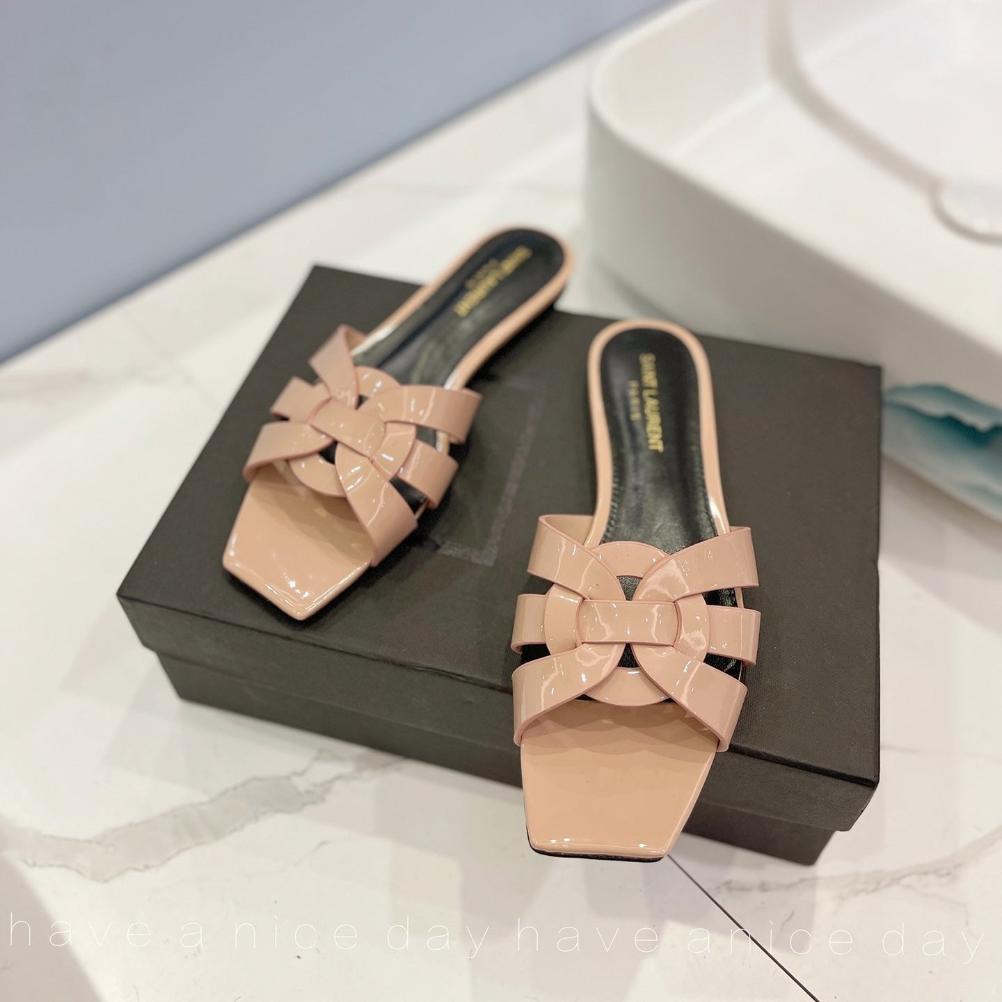 Luxury Saint Laurent SL TRIBUTE SLIPPERS GLOSSY PINK NUDE CALFSKIN