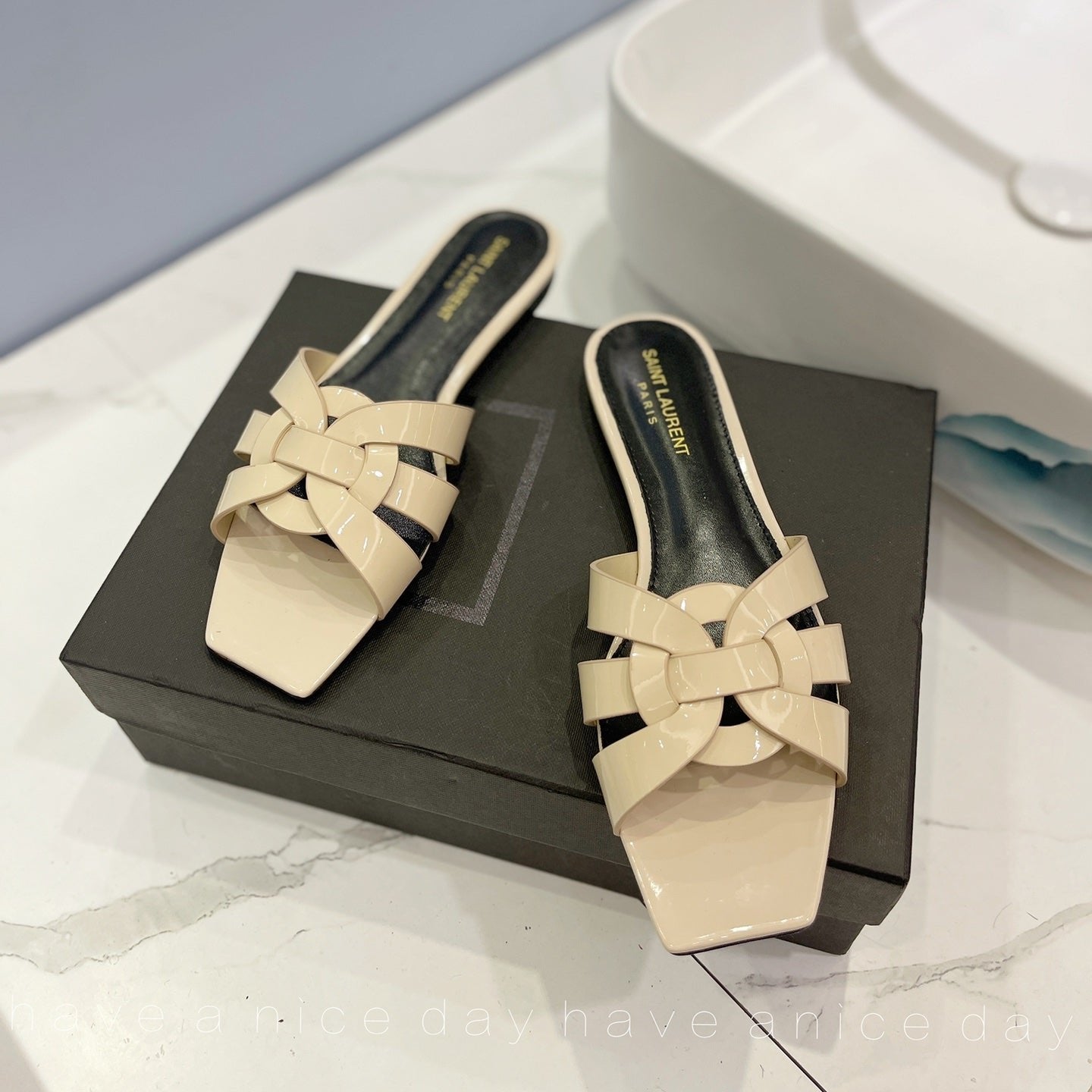 Luxury Saint Laurent SL TRIBUTE SLIPPERS GLOSSY PASTEL YELLOW CALFSKIN