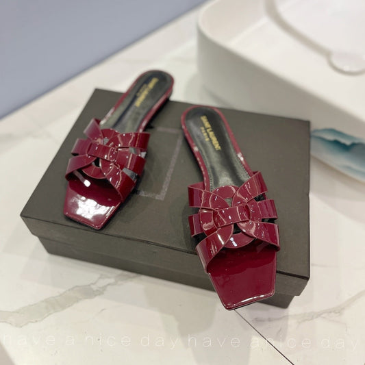 Luxury Saint Laurent SL TRIBUTE SLIPPERS GLOSSY BERRY CALFSKIN